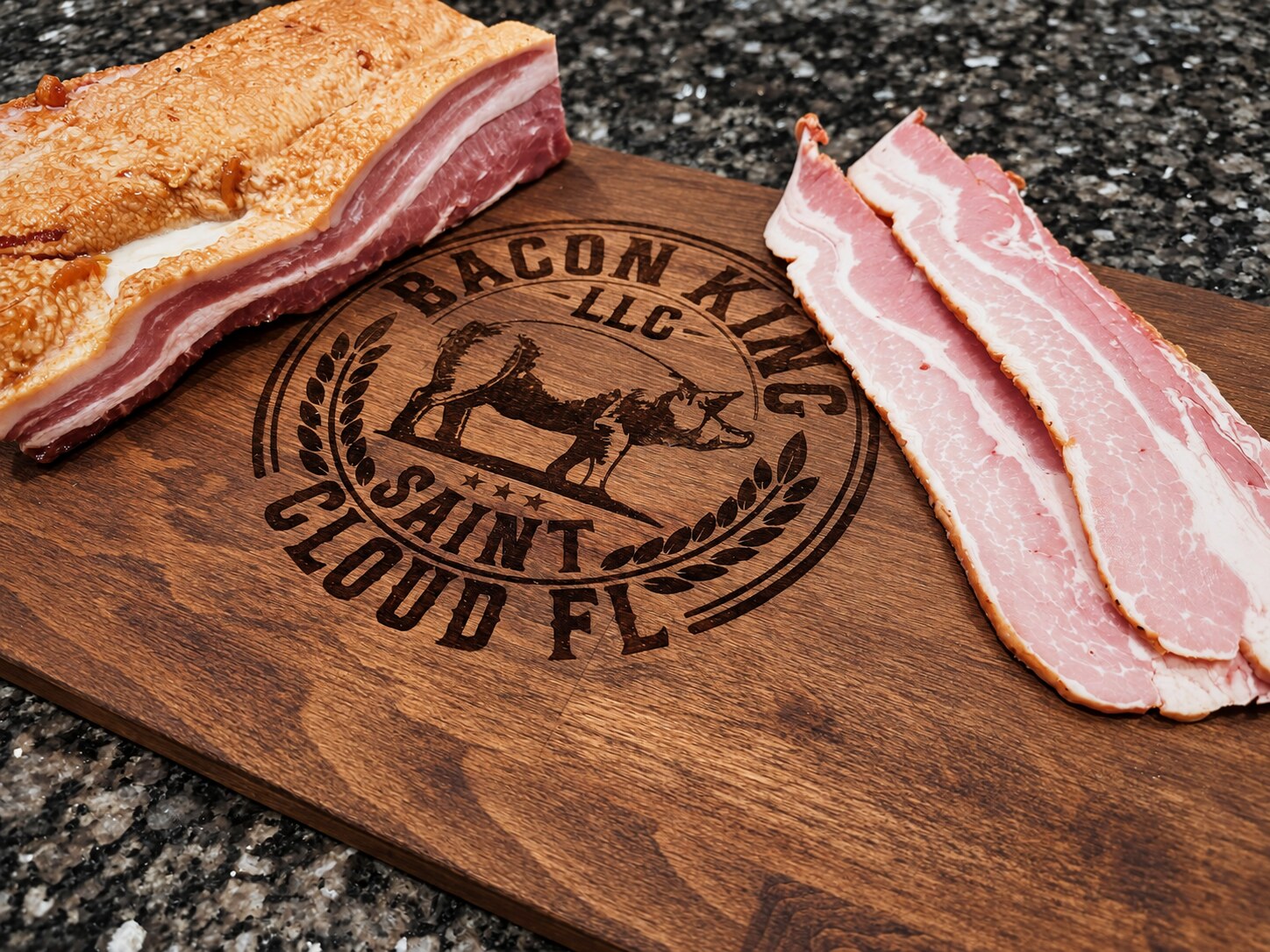 Gourmet bacon displayed on a Bacon King cutting board