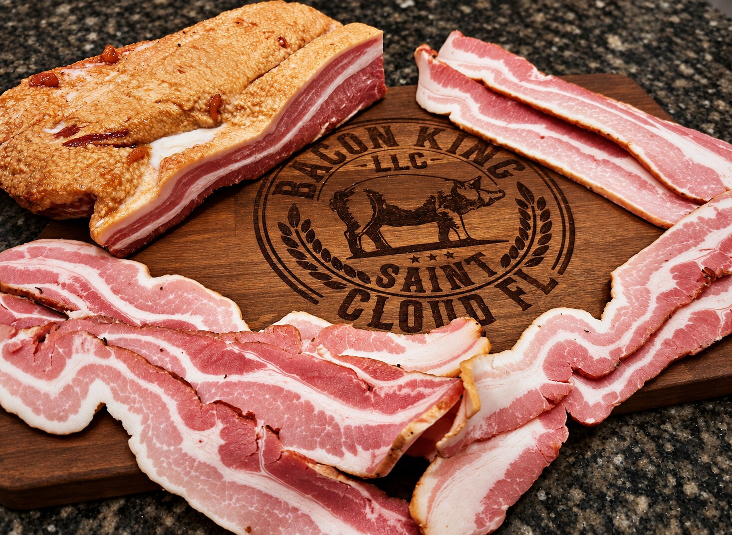 A slab and slices of Bacon King gourmet bacon
